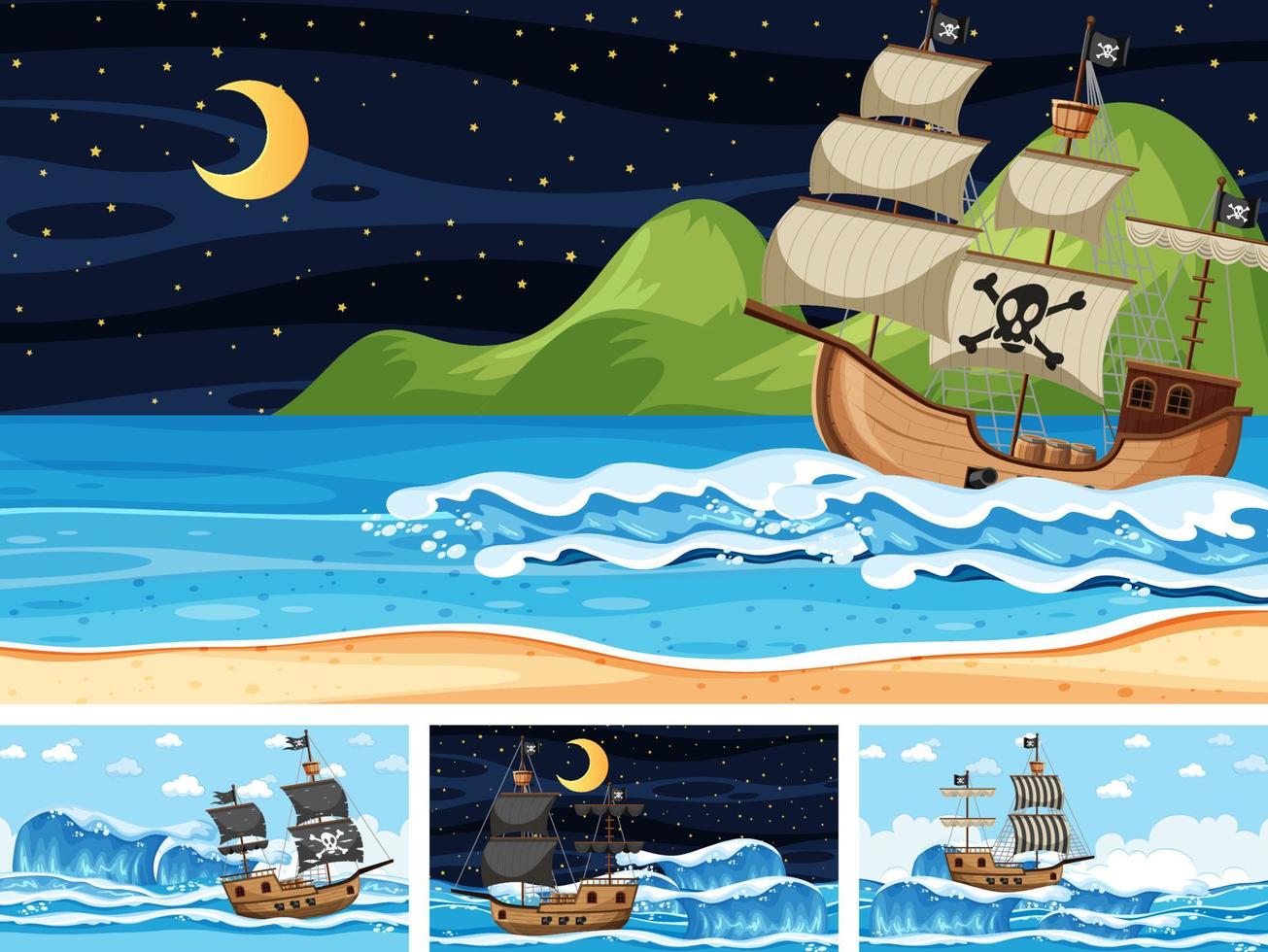 Set of Ocean with Pirate ship at different times scenes  in cartoon style vector