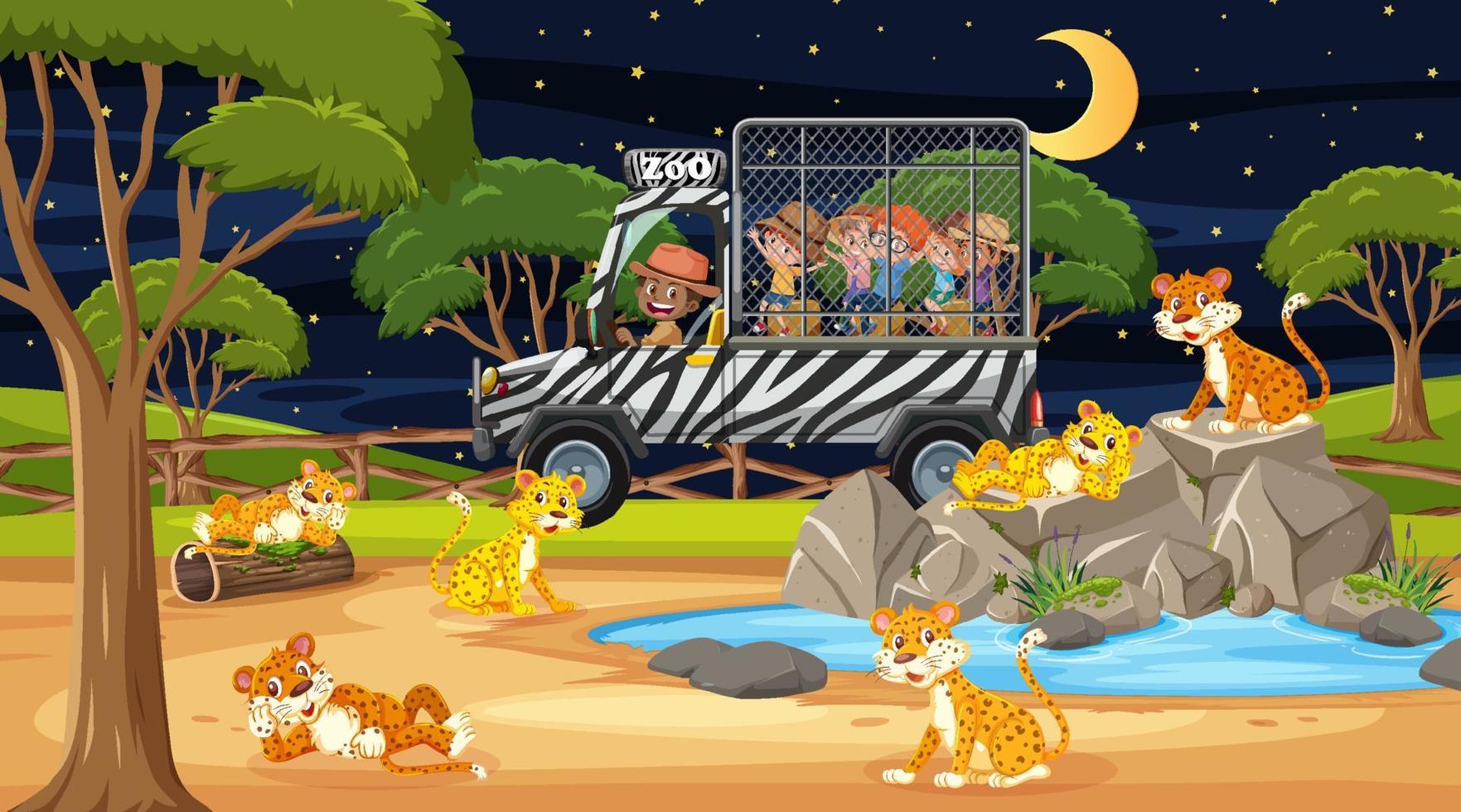 Safari en la escena nocturna con muchos niños viendo un grupo de leopardos. vector
