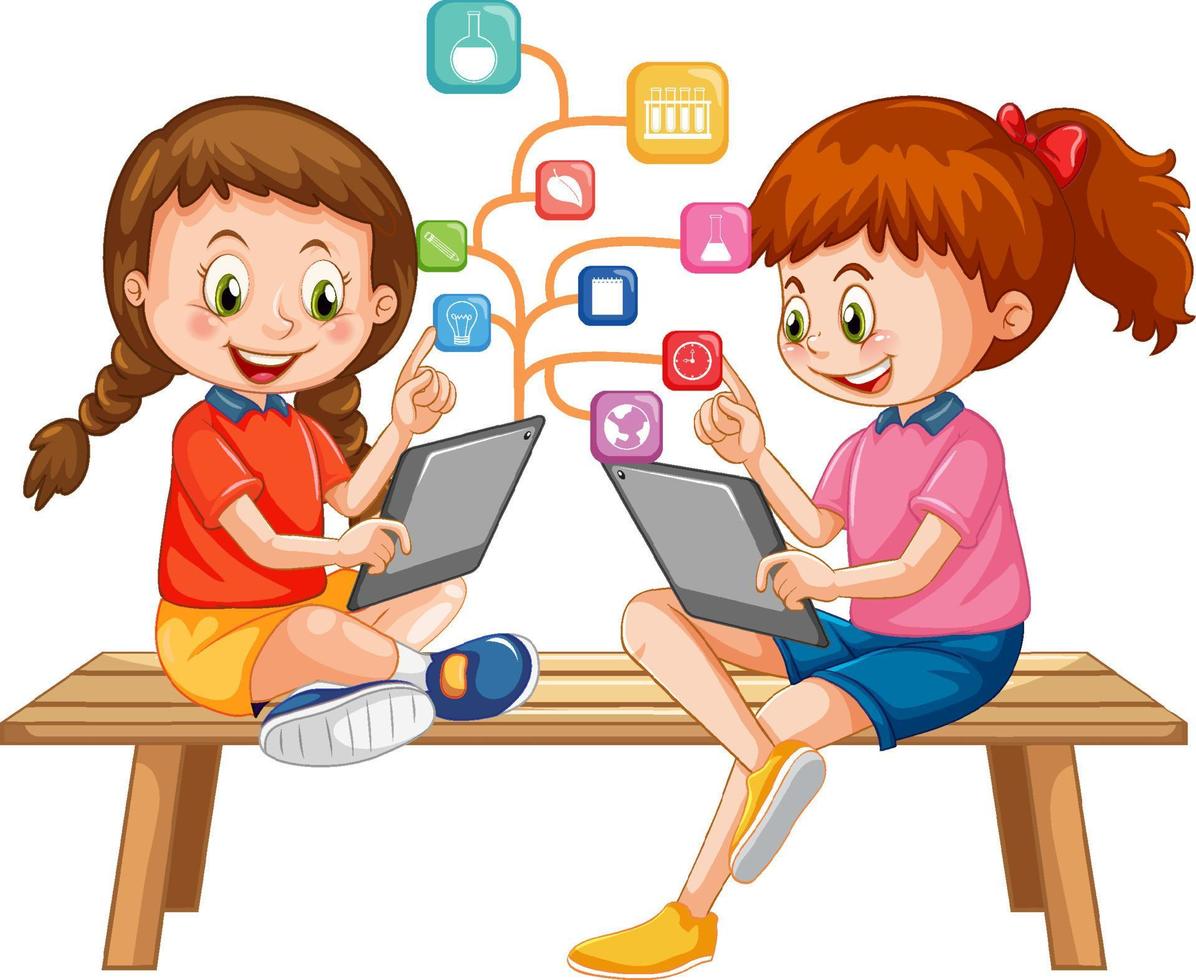 Kids using tablet with education icons vector