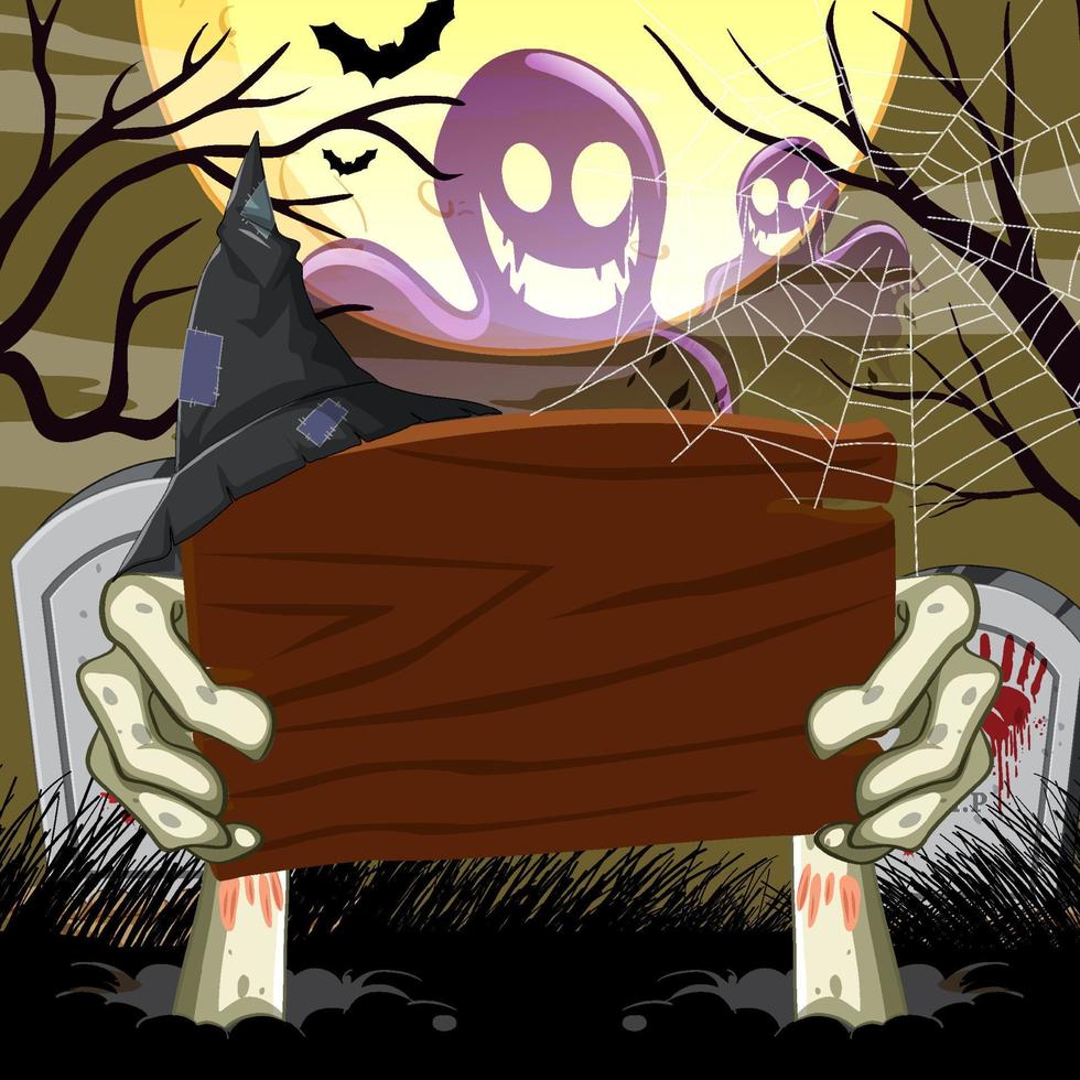 Empty wooden board on scary cemetery forest vector