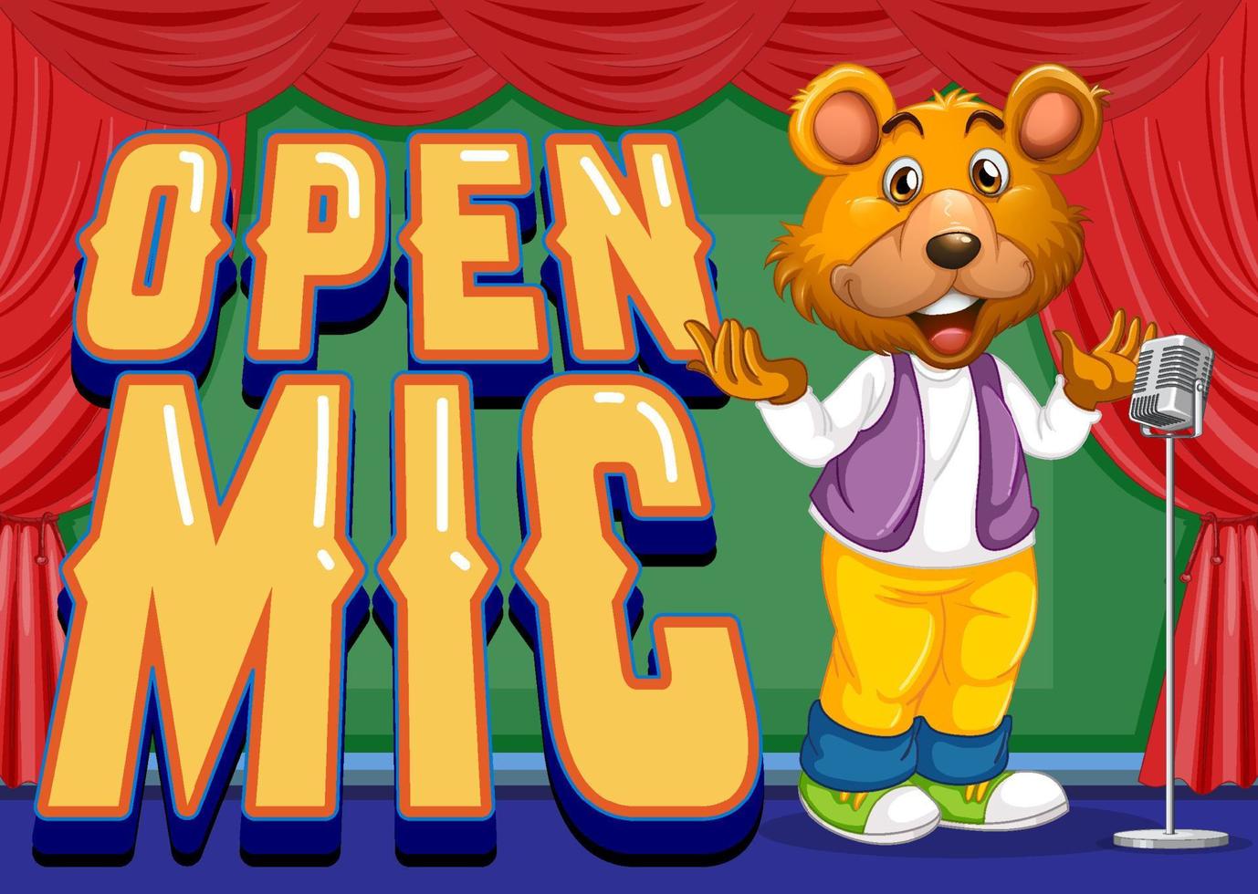 Open Mic Banner Design With Bear Cartoon Performing Singing vector