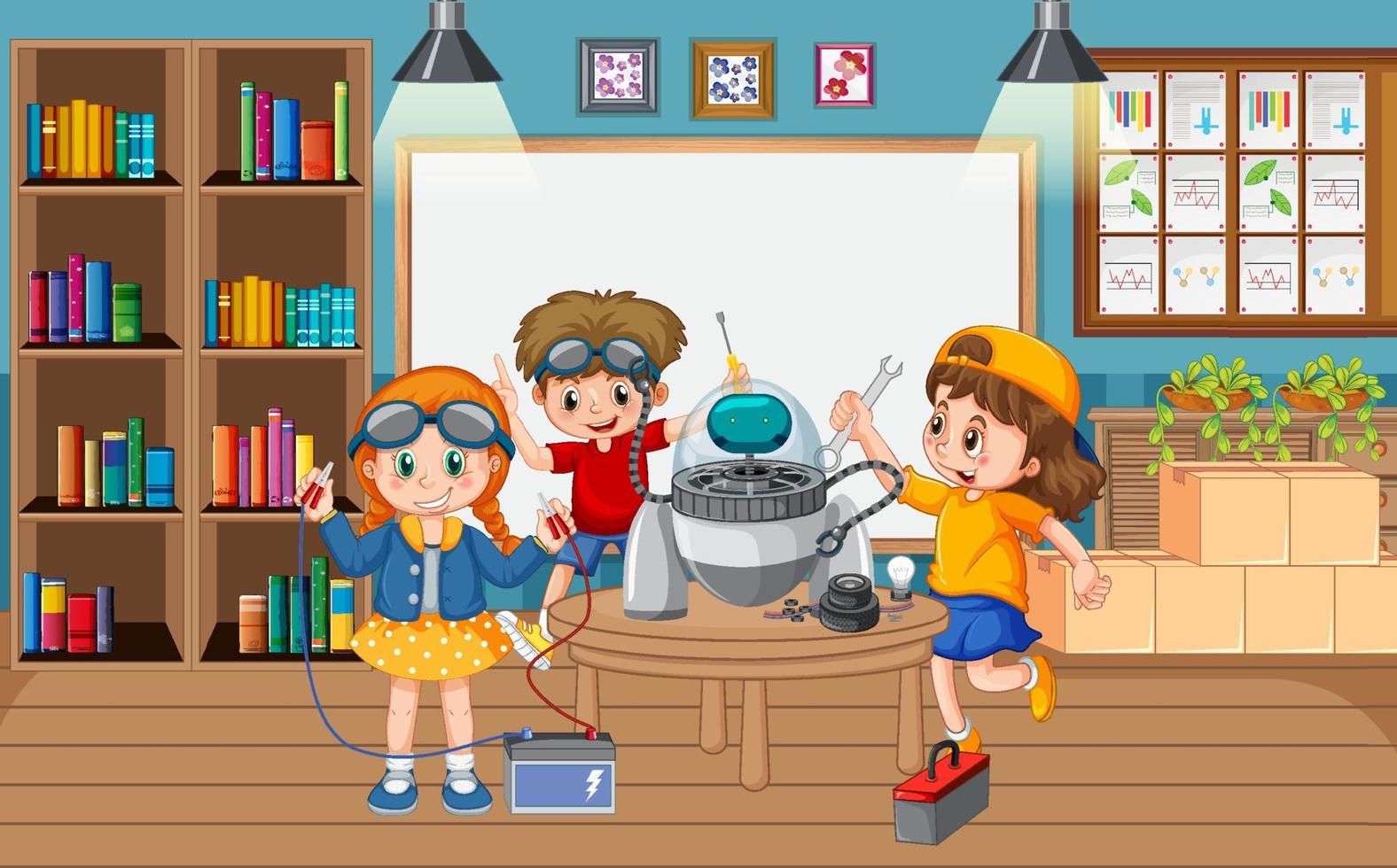 niños reparando un robot juntos en la escena de la habitación. vector