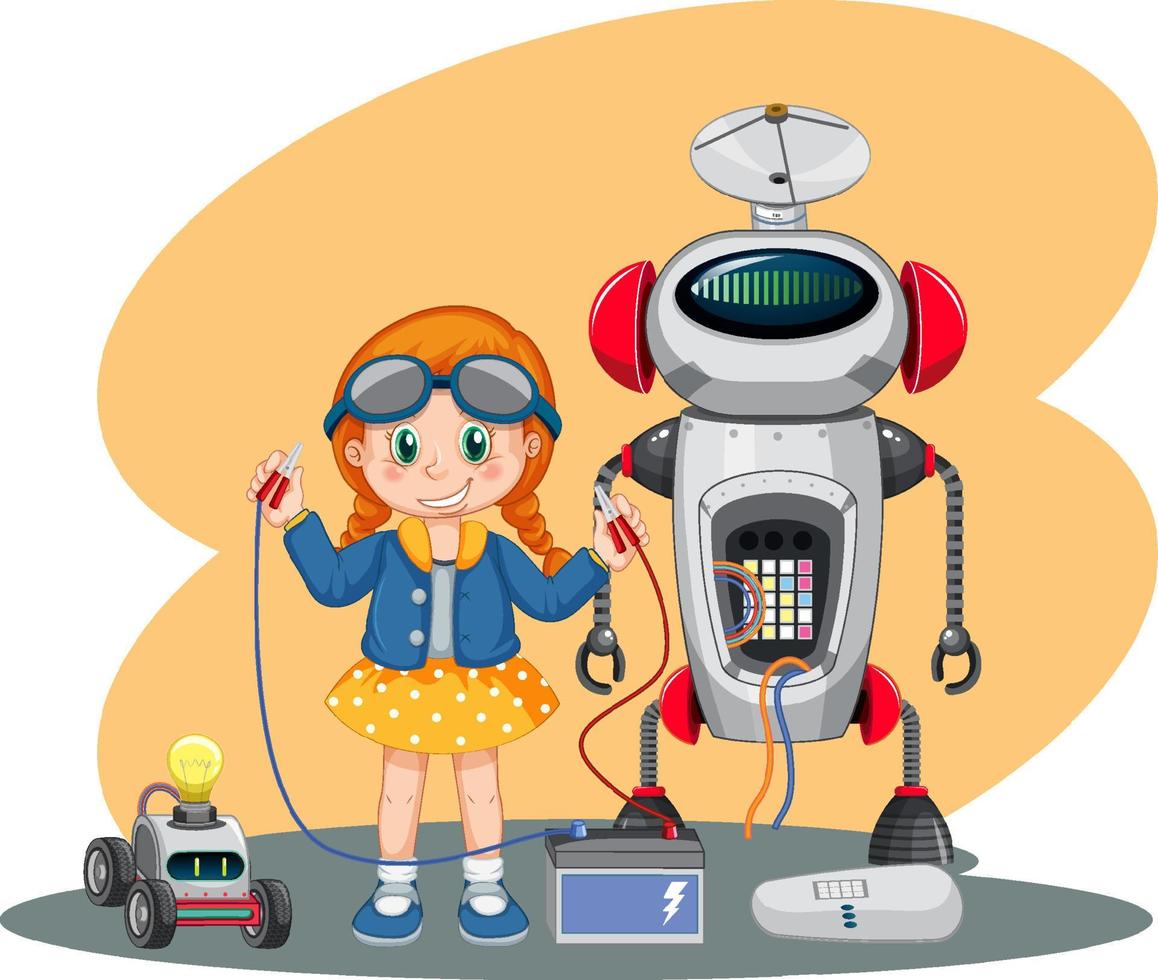 Young girl fixing a robot vector
