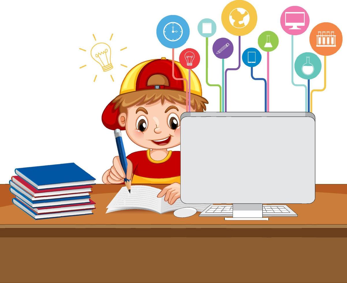 Young boy studying in front of computer vector