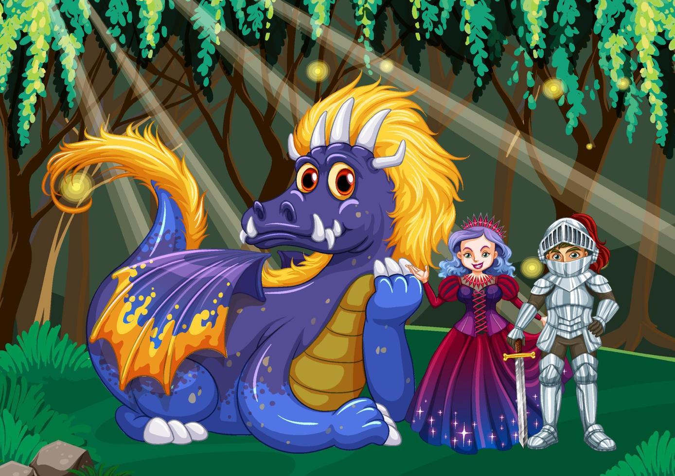 Dragon and knight in enchanted forest background vector