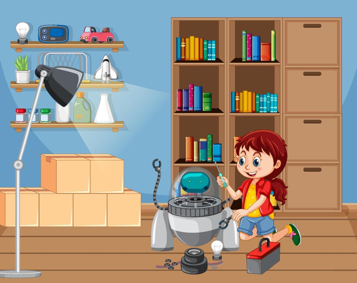 Children fixing a robot together in the room scene vector