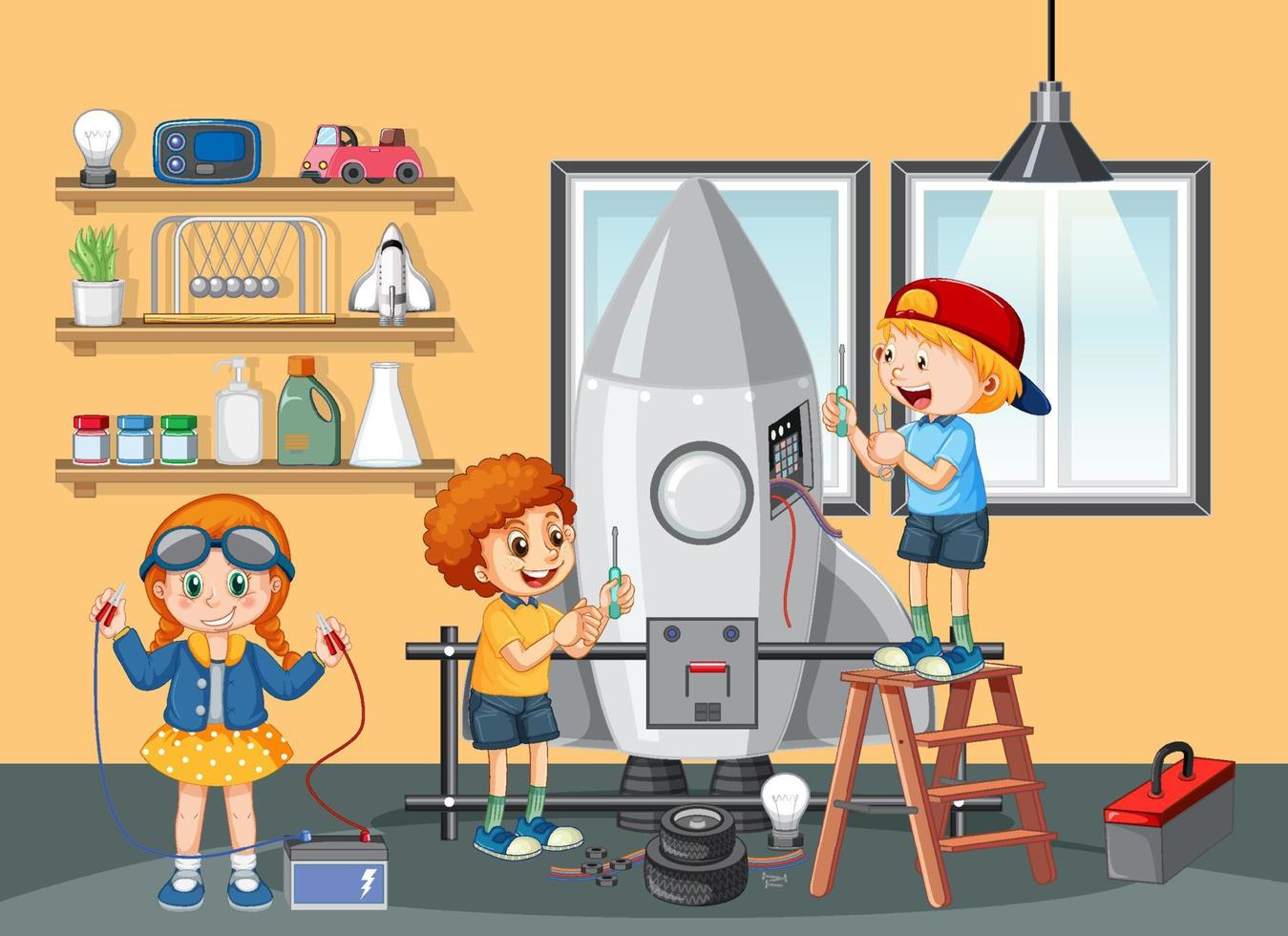 Children fixing a rocket toy together in the room scene vector