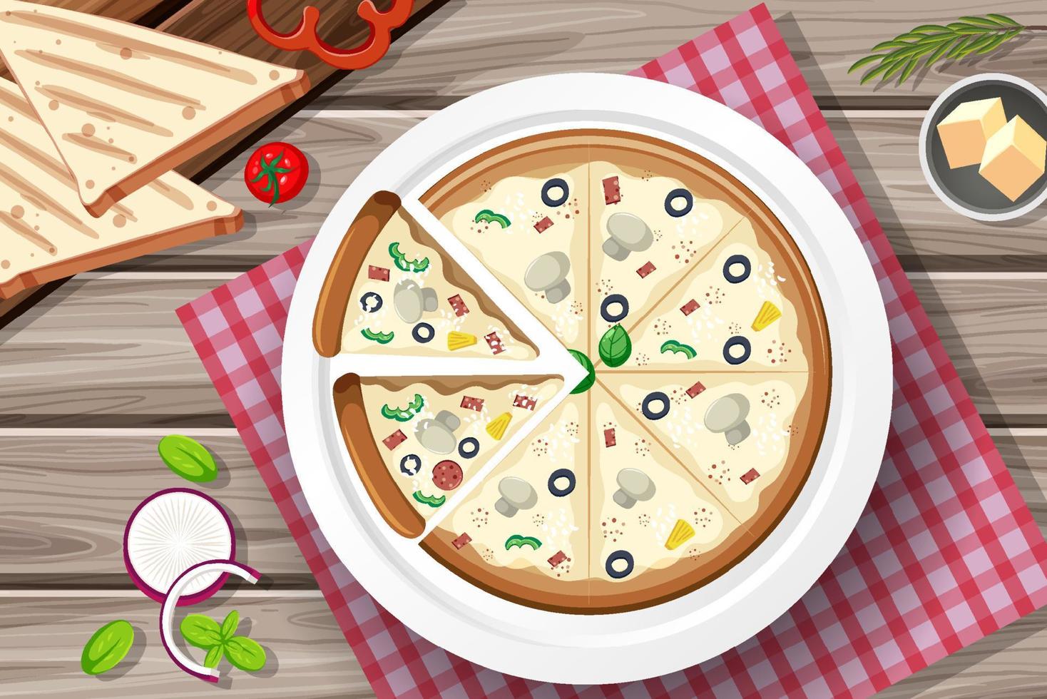 Top view of cheese pizza on wooden table vector