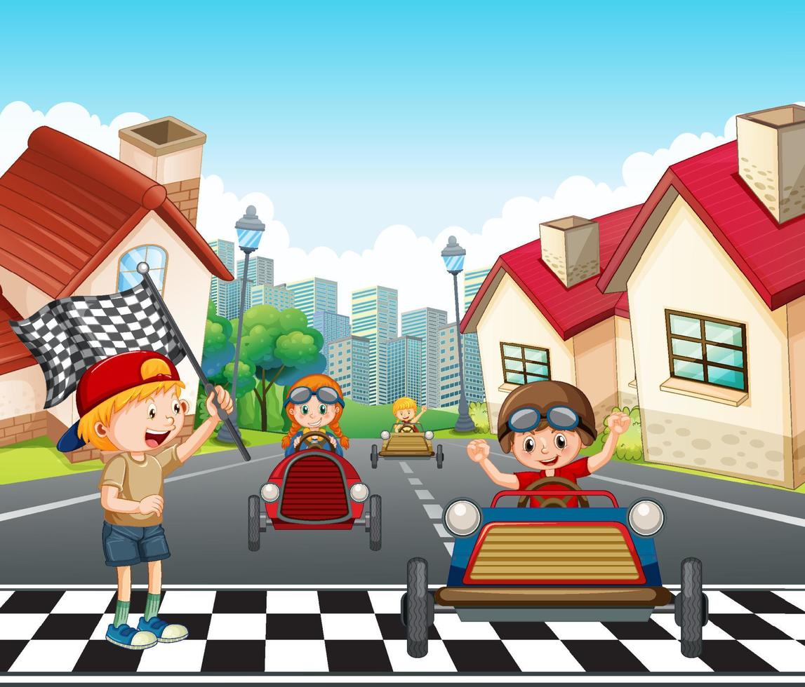 Outdoor scene with children racing car vector