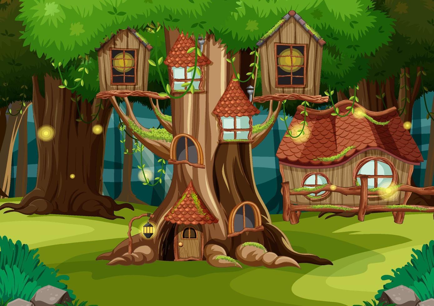 casa del árbol de fantasía en el bosque vector