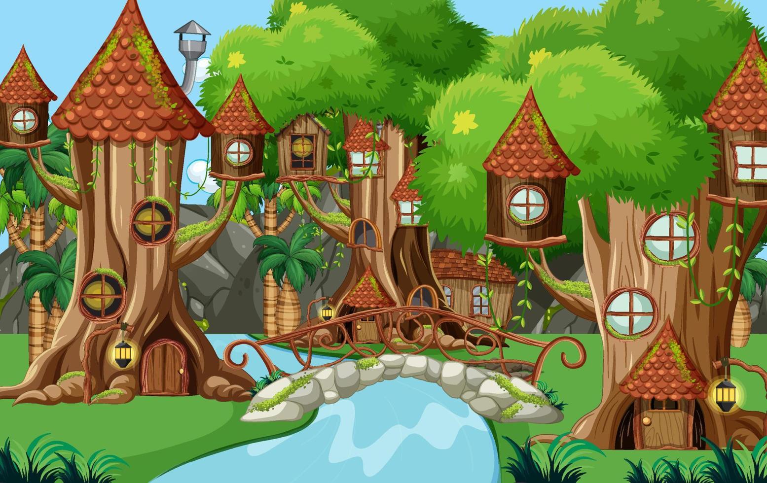 escena de bosque de fantasía con casa de árbol hueco vector