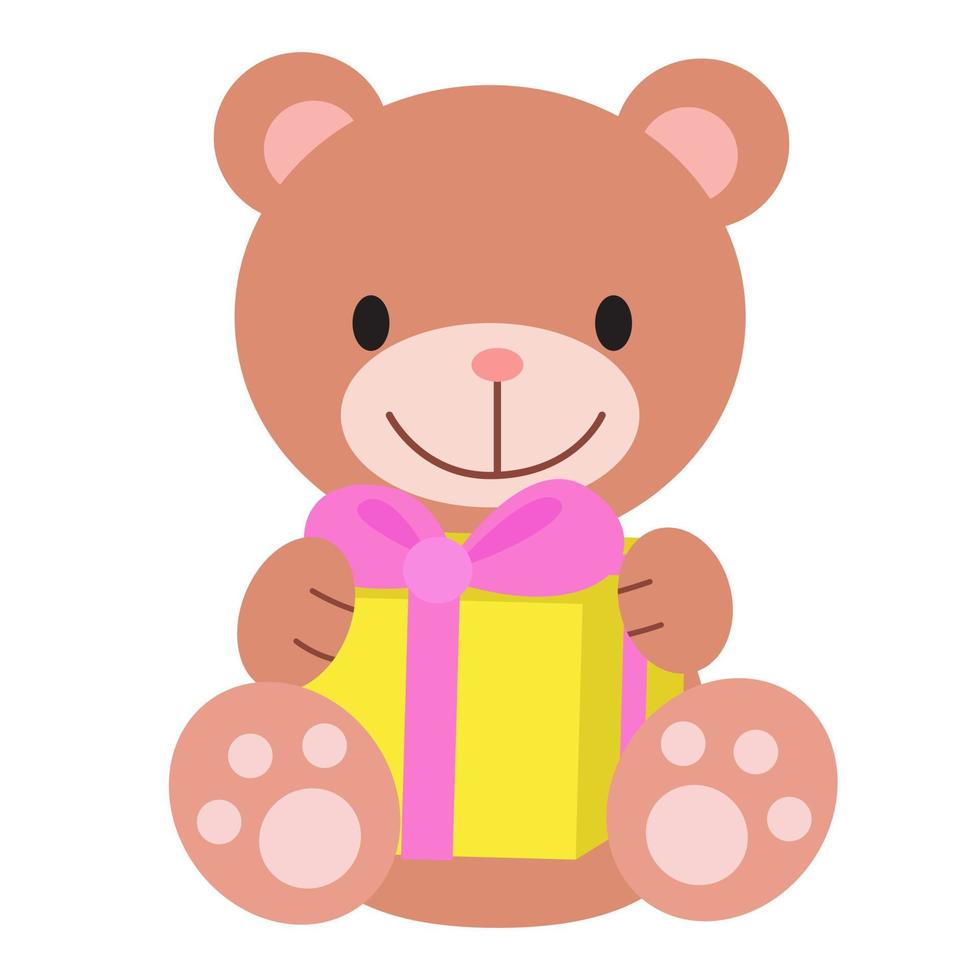 Cute cartoon Teddy bear with gift box. Illustration for cards, clothes, baby shower, textile and books. Children design and decor element. Positive funny print for Birthday and Christmas party vector