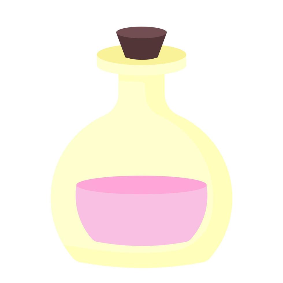 Bottle with essential oil for health and beauty. Magic bottle with pink liquid potion. SPA and relaxation concept. Vector illustration in cartoon flat style. Print for banner, design, decor and web