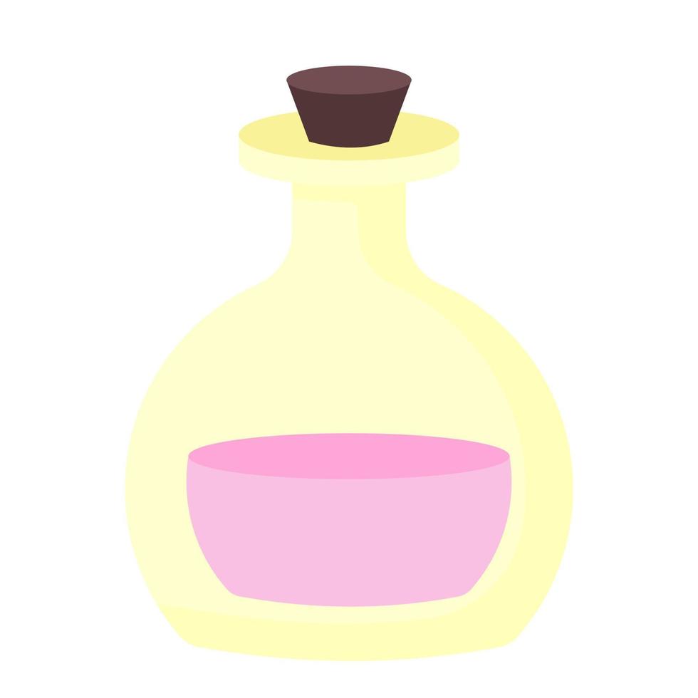 botella con aceite esencial para la salud y la belleza. botella mágica con poción líquida rosa. concepto de spa y relajación. ilustración vectorial en estilo plano de dibujos animados. imprimir para banner, diseño, decoración y web vector