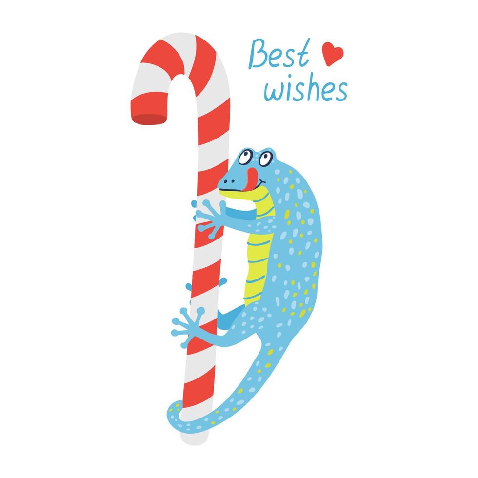 Cute blue gecko is hanging on a red candy cane vector