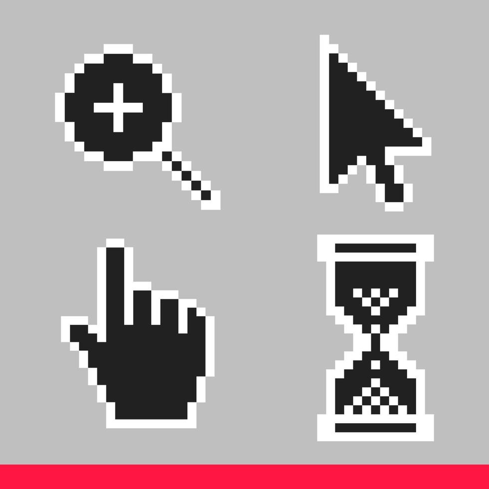 Black and white arrow, hand, magnifier and hourglass pixel mouse cursor ...