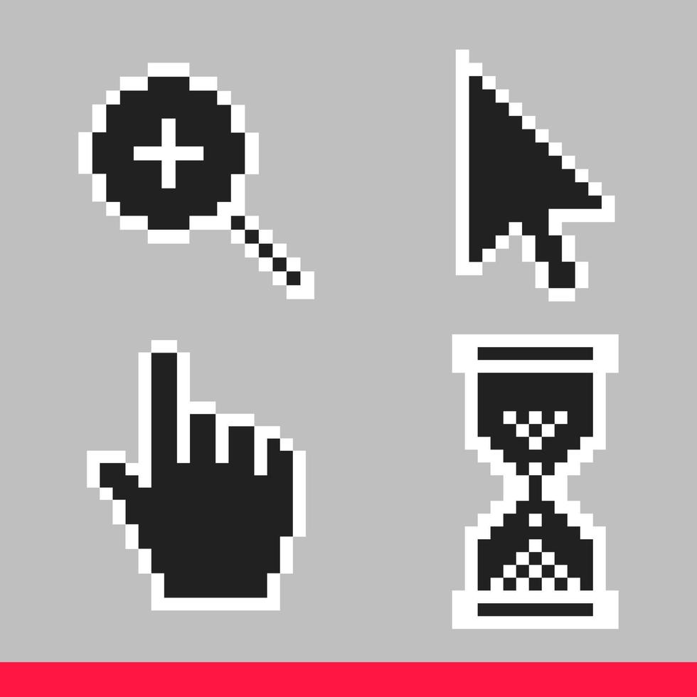 iconos de cursor de ratón de píxeles de flecha, mano, lupa y reloj de arena en blanco y negro vector