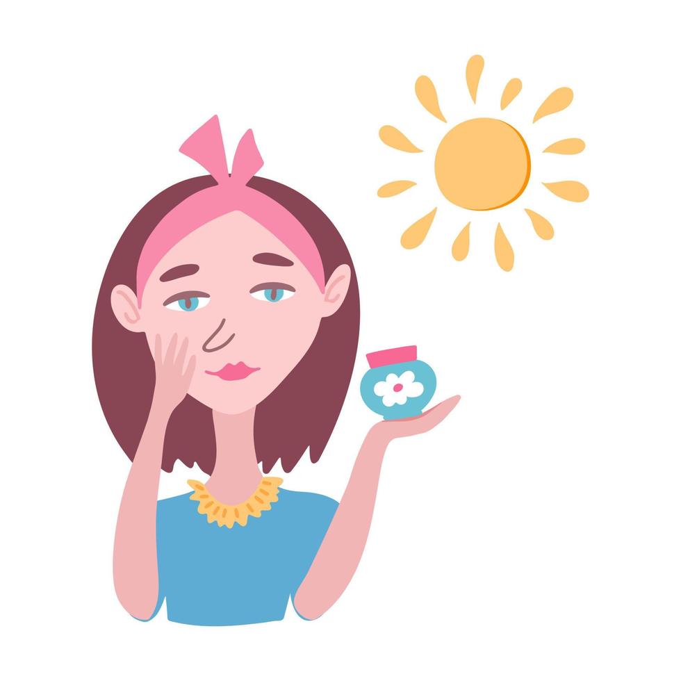 Hand drawn female character applies sunscreen from a jar. Korean cosmetics beauty skin care concept. Vector cartoon illustration