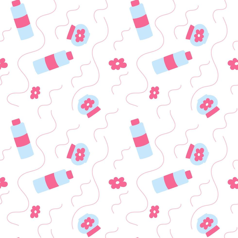 Seamless pattern with cosmetic bottles and skin care jars. Beauty vector texture in hand drawn style.