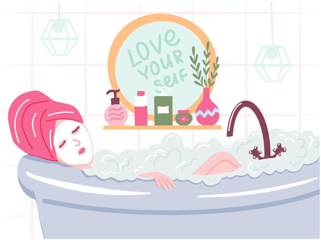 Young woman in mask sheet relaxes in the bathroom. Love yourself - lettering on the mirror and a shelf with skin care cosmetics. Vector hand drawn beauty illustration