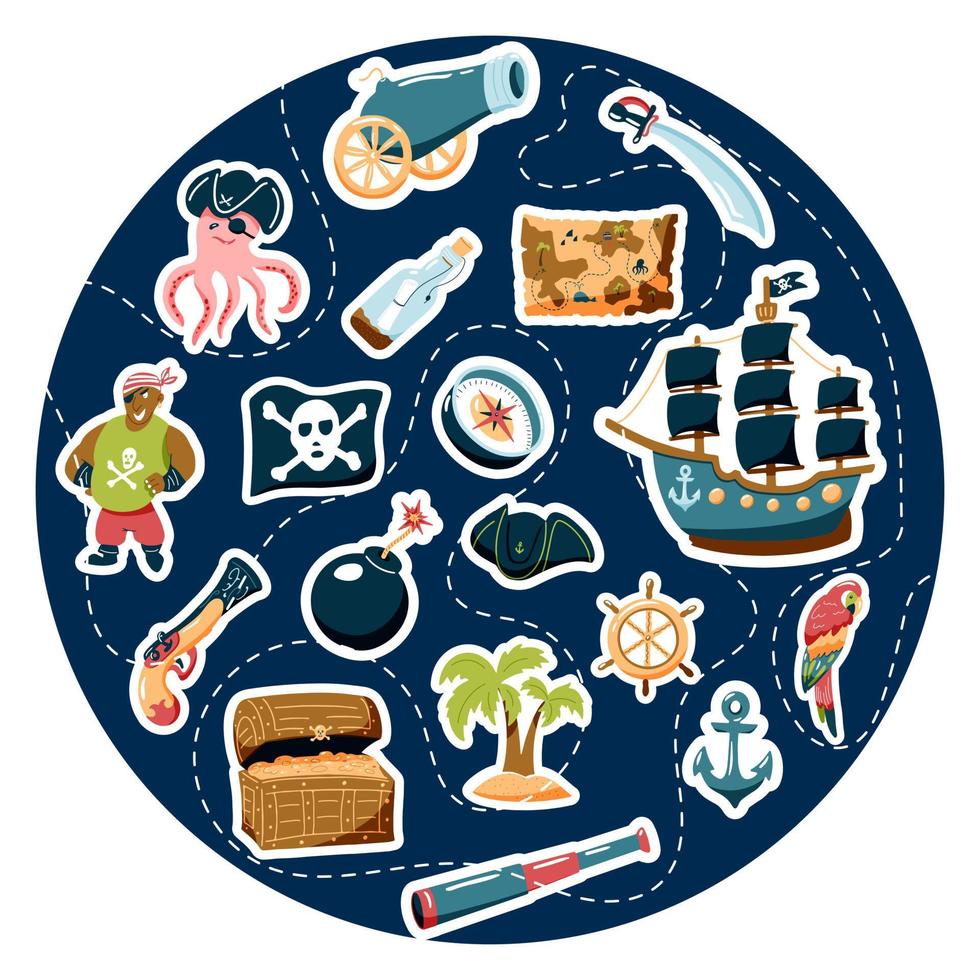 Set of pirate stickers for kids' design. Hand drawn elements, vector illustration