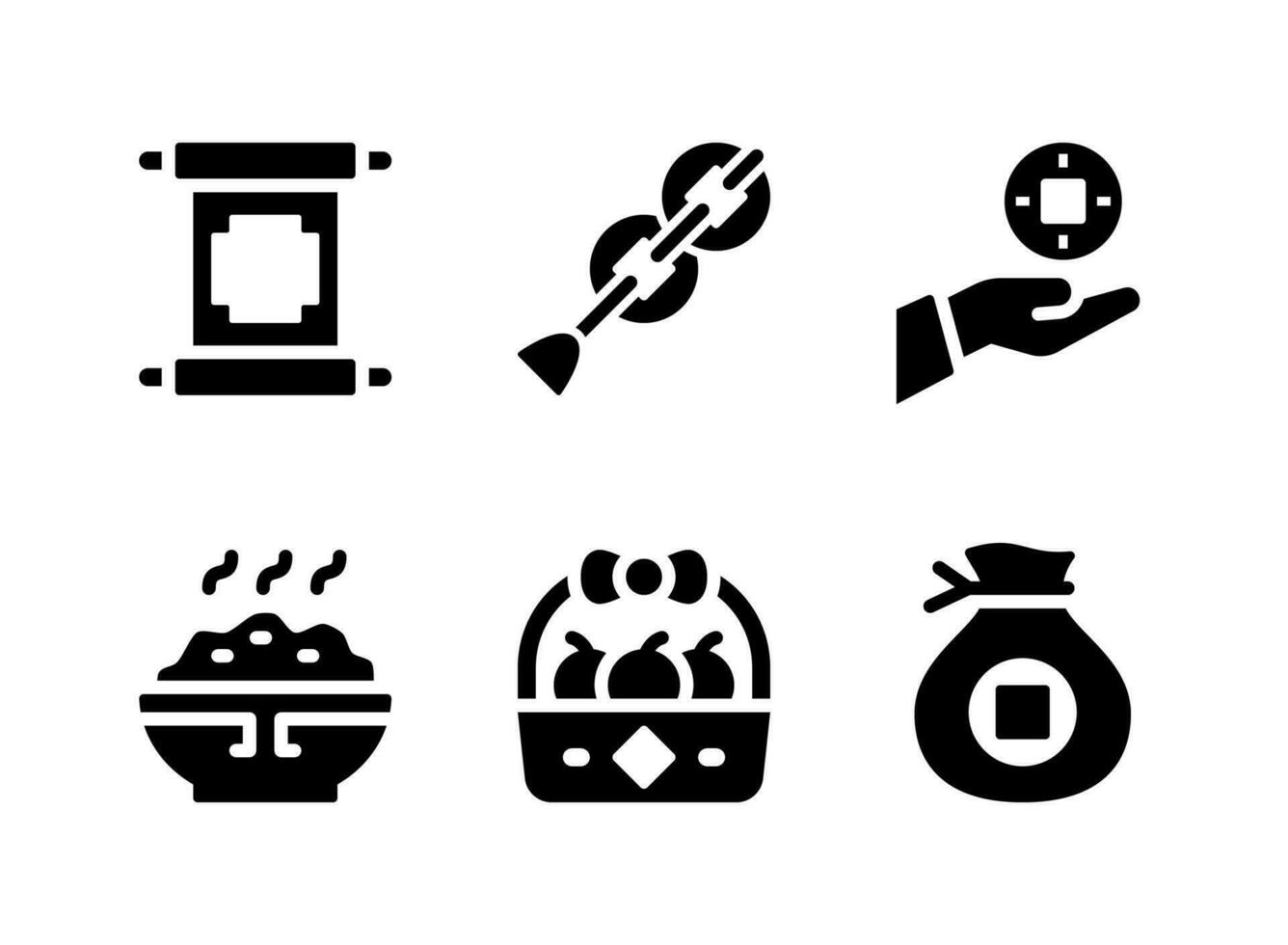 Simple Set of Chinese New Year Related Vector Solid Icons. Contains Icons as Chinese Scroll, Coins, Rice Bowl and more.