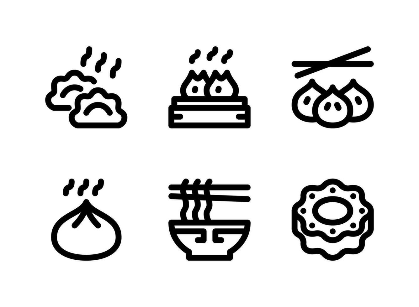 Simple Set of Chinese Food Related Vector Line Icons. Contains Icons as Dumpling, Steamed Bun, Noodles and more.