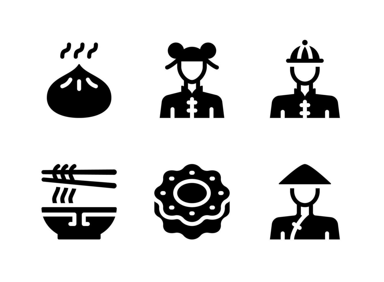 Simple Set of Chinese New Year Related Vector Solid Icons. Contains Icons as Steamed Bun, Woman, Man and more.