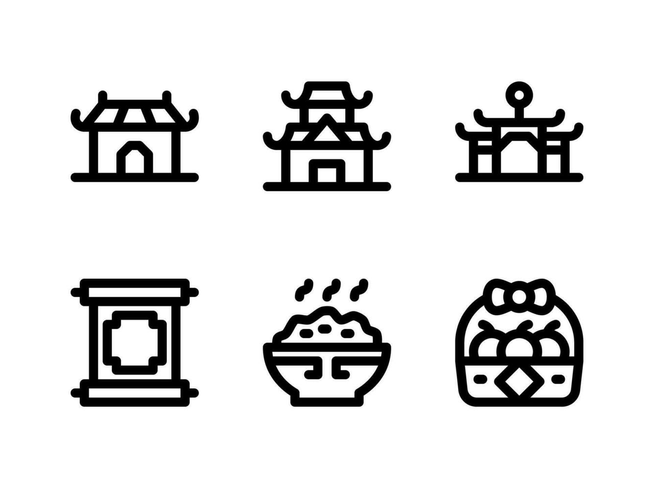 conjunto simple de iconos de líneas vectoriales relacionadas con las culturas chinas. contiene iconos como templo, pergamino, cuenco de arroz y más. vector