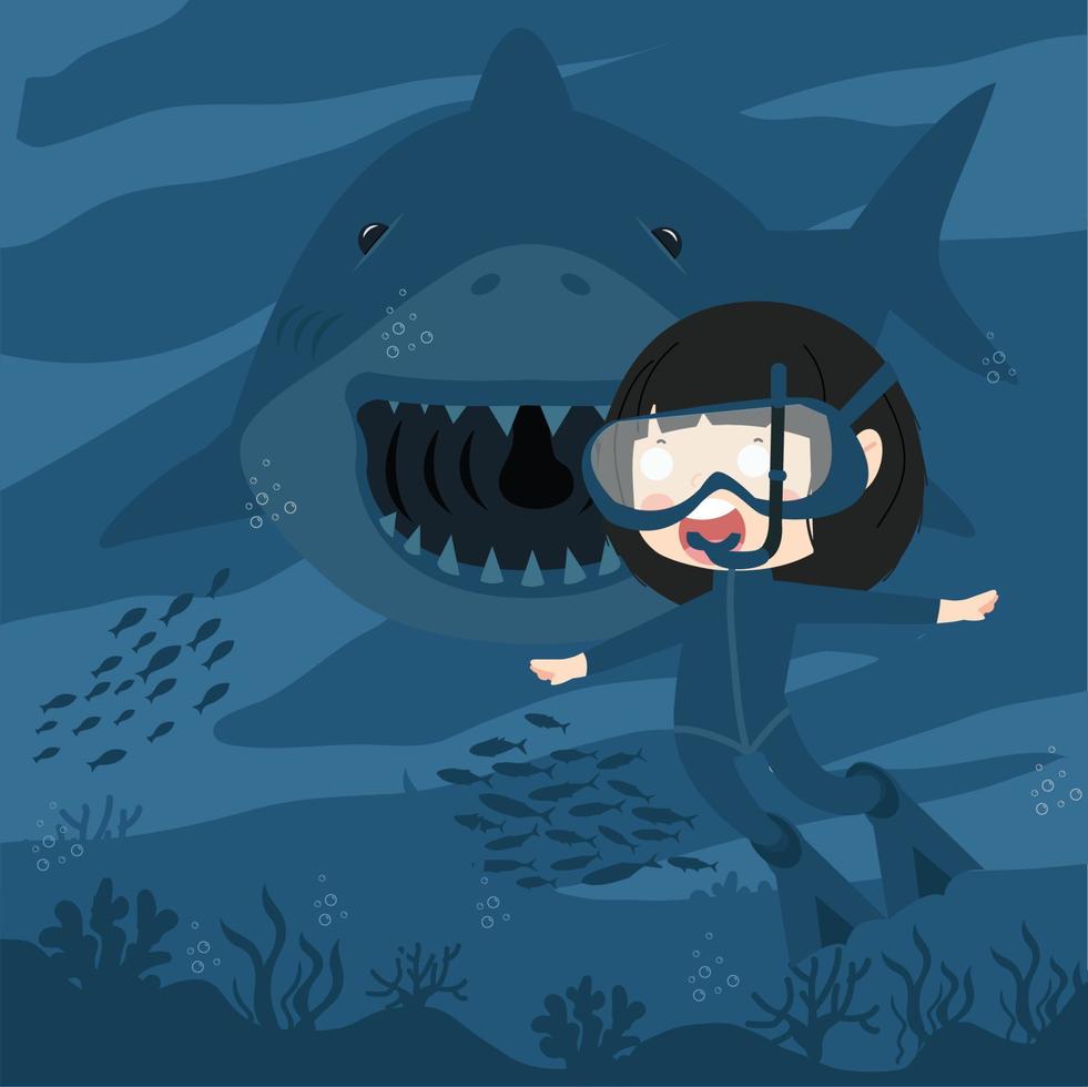 girl diving equipment under sea with sharks vector