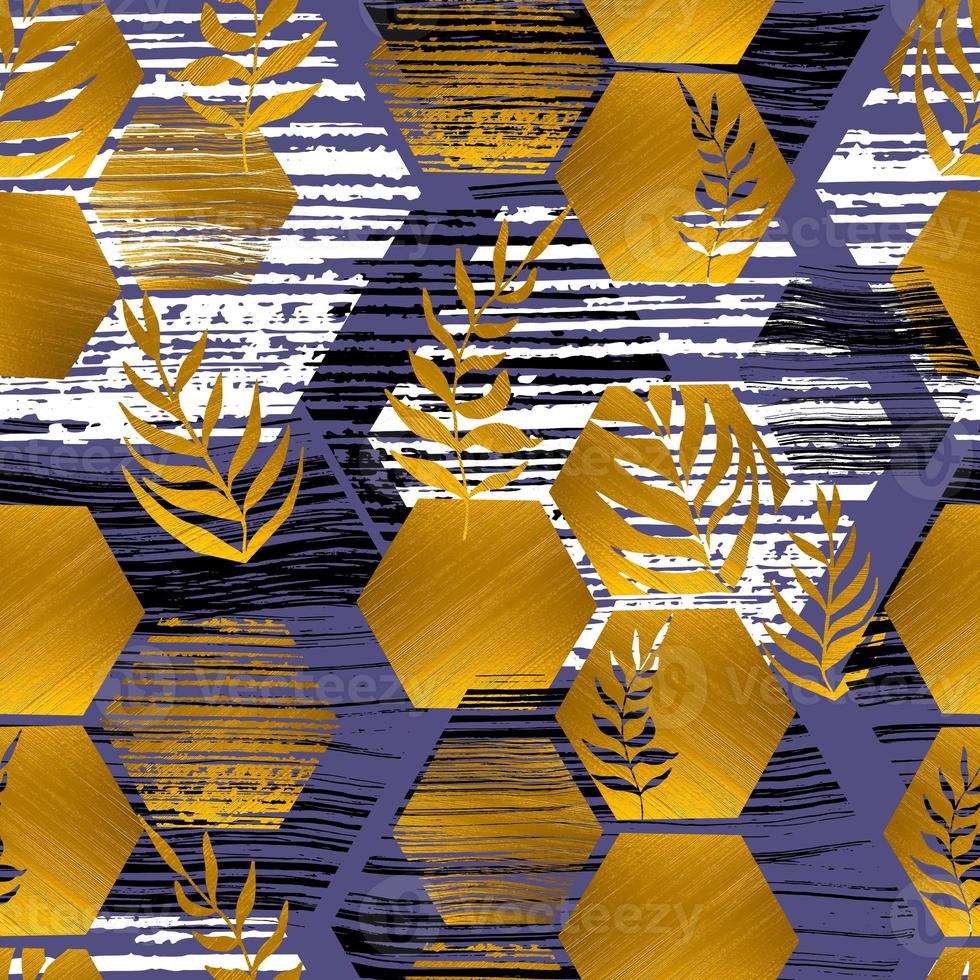 seamless pattern golden honeycomb and palm leaves on the background of horizontal striped shapes on a colored background photo