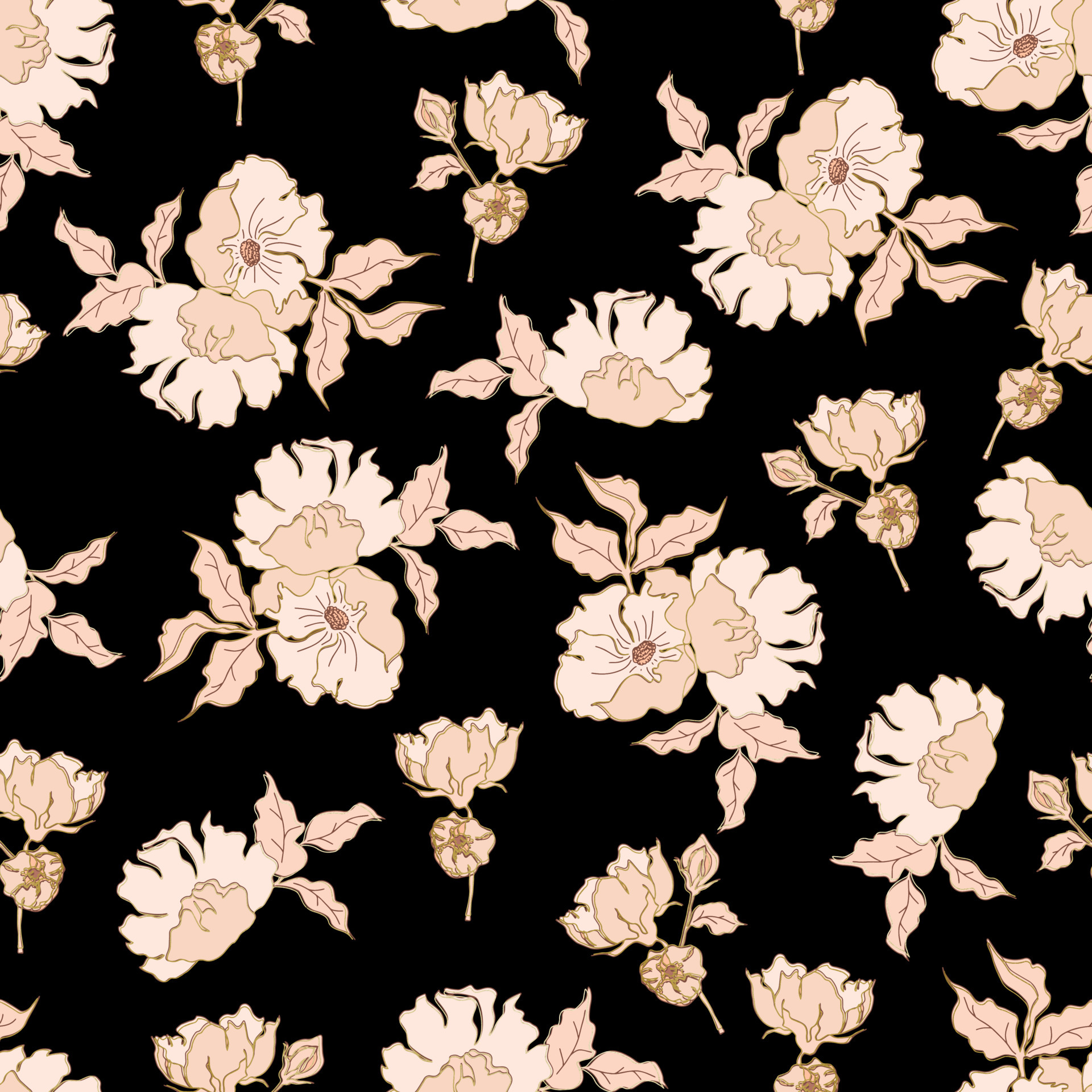 vector seamless pattern flowers with leaves. Botanical illustration for ...
