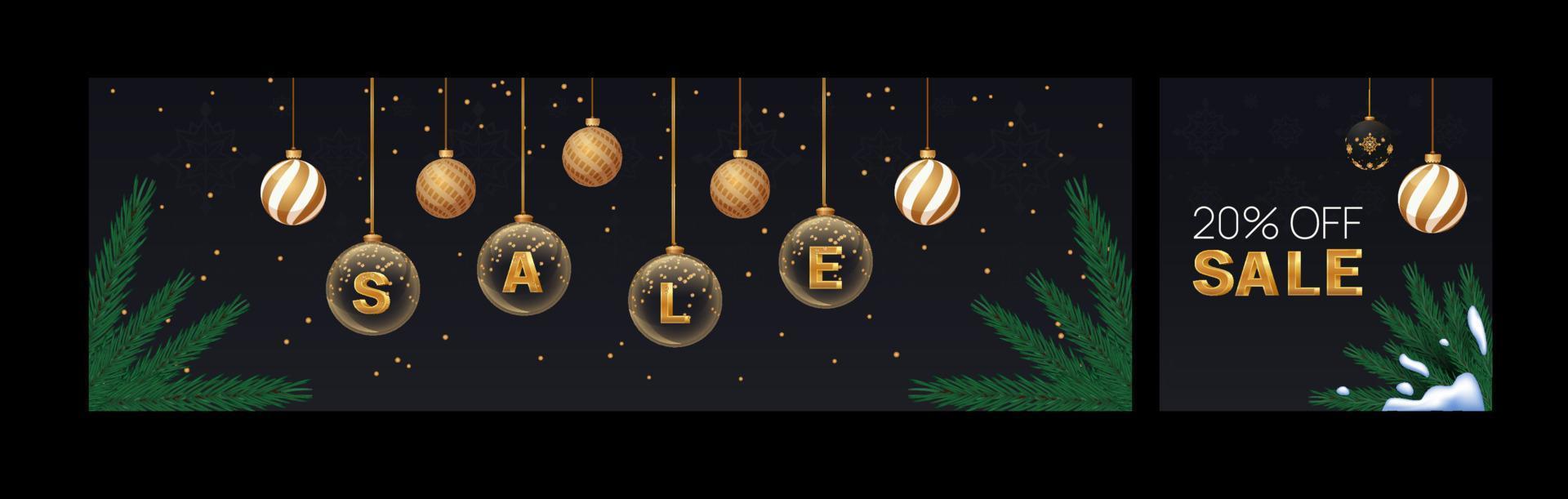 New year pack. Christmas sale banner for advertisign. Social media post template with fir branches and glass balls. Festive banner for web vector