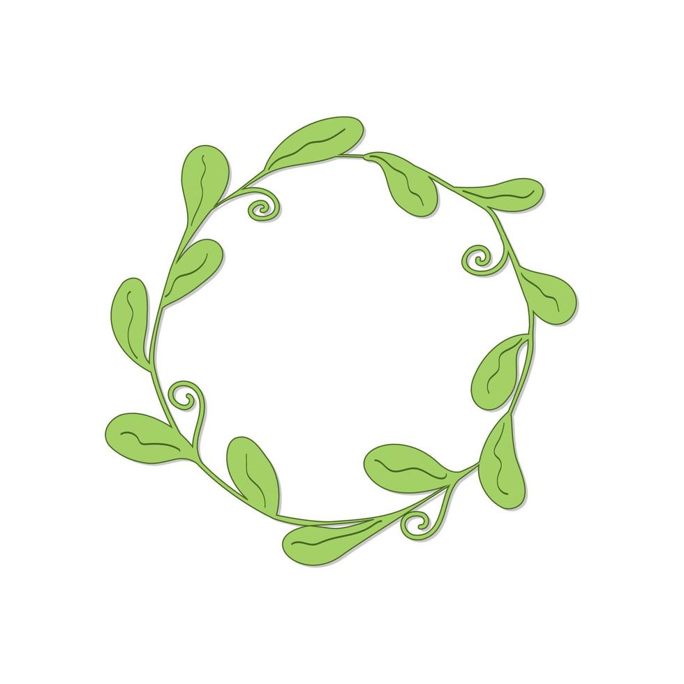 drawn round frame with oval leaves and curls in light green color with shadow on white background vector