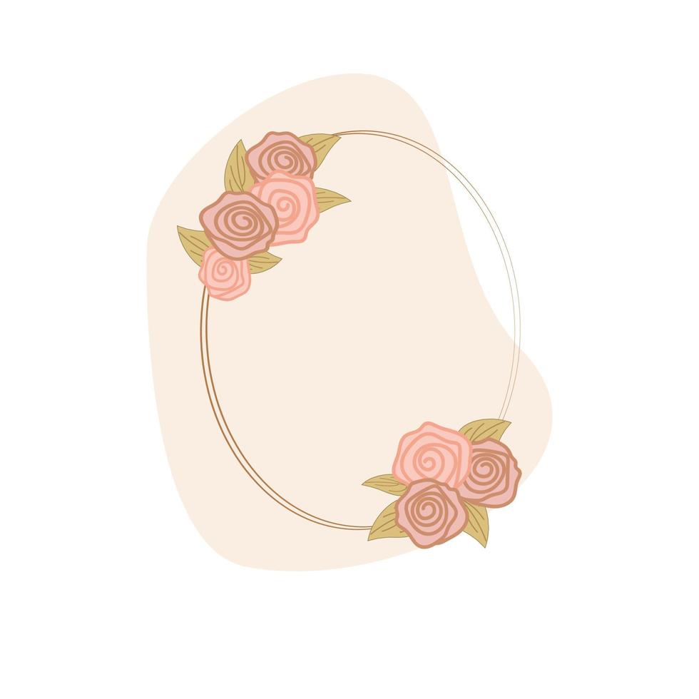 oval transparent frame with pink roses and gold leaves on the background of an abstract pink spot on a white background. flat style vector