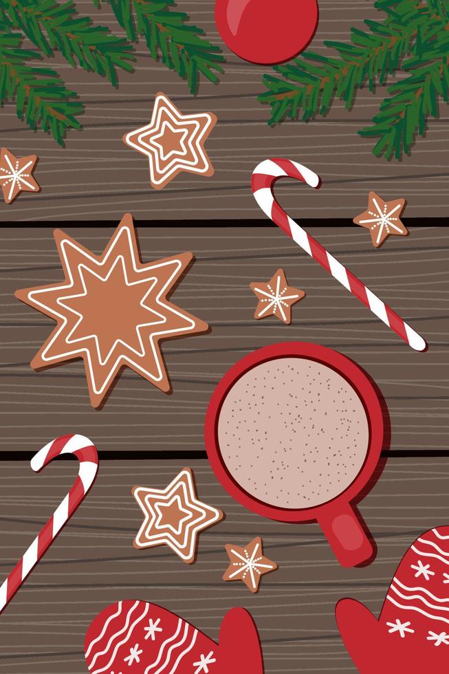 red cup with cappuccino, Christmas gingerbread stars, cane lollipops, red mittens and sprigs of spruce on a wooden background. view from above. flat style, christmas background vector