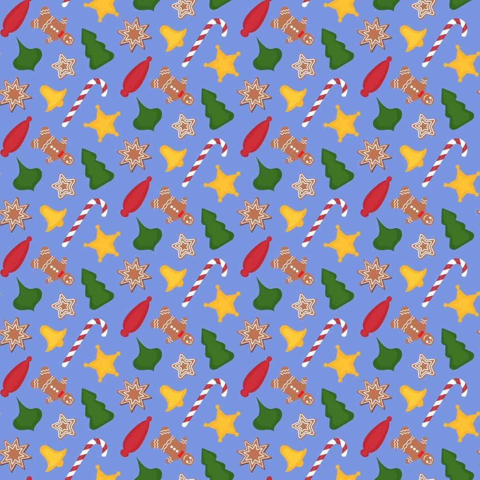 seamless christmas pattern consisting of gingerbread cookies, striped sweets and christmas tree toys on a blue background vector