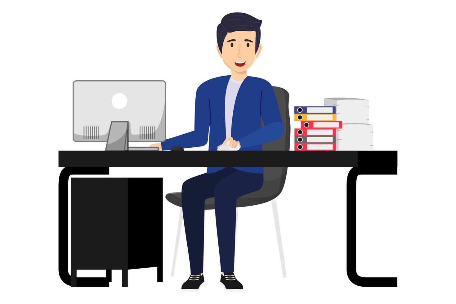 Cute beautiful businessman freelancer character siting on modern home office desk with table chair with some paper pile file folders drawer cabinet isolated vector