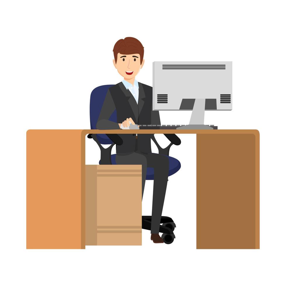 Lindo personaje de empresario independiente ubicado en un moderno escritorio de oficina en casa con mesa de madera, silla, cajón, gabinete con computadora pc vector