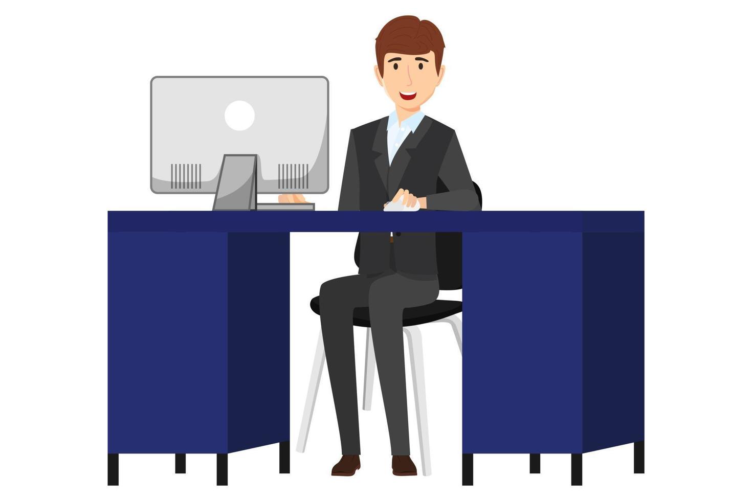 Lindo personaje de empresario independiente ubicado en un moderno escritorio de oficina en casa con mesa, silla, cajón, gabinete con computadora pc vector