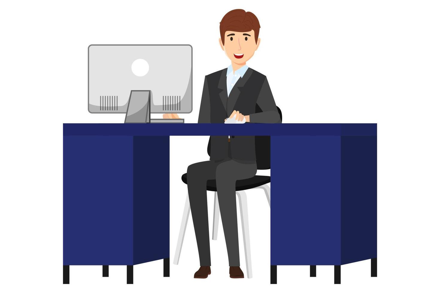 Cute businessman freelancer character siting on modern home office desk with table chair drawer cabinet with pc computer vector
