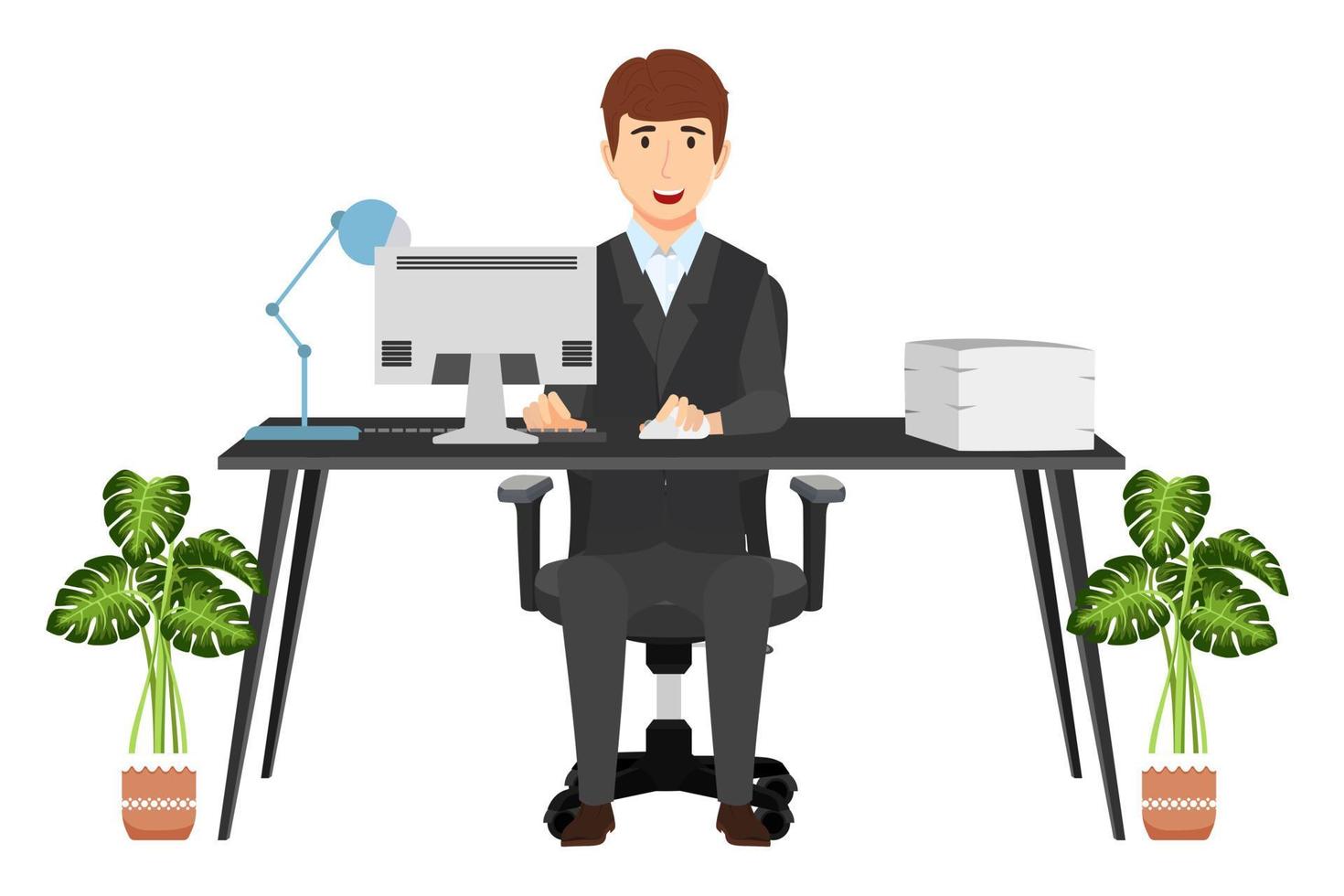 Cute cheerful businessman freelancer character siting on modern home office desk with table chair table lamp pc computer with some paper pile file folders with house plants vector