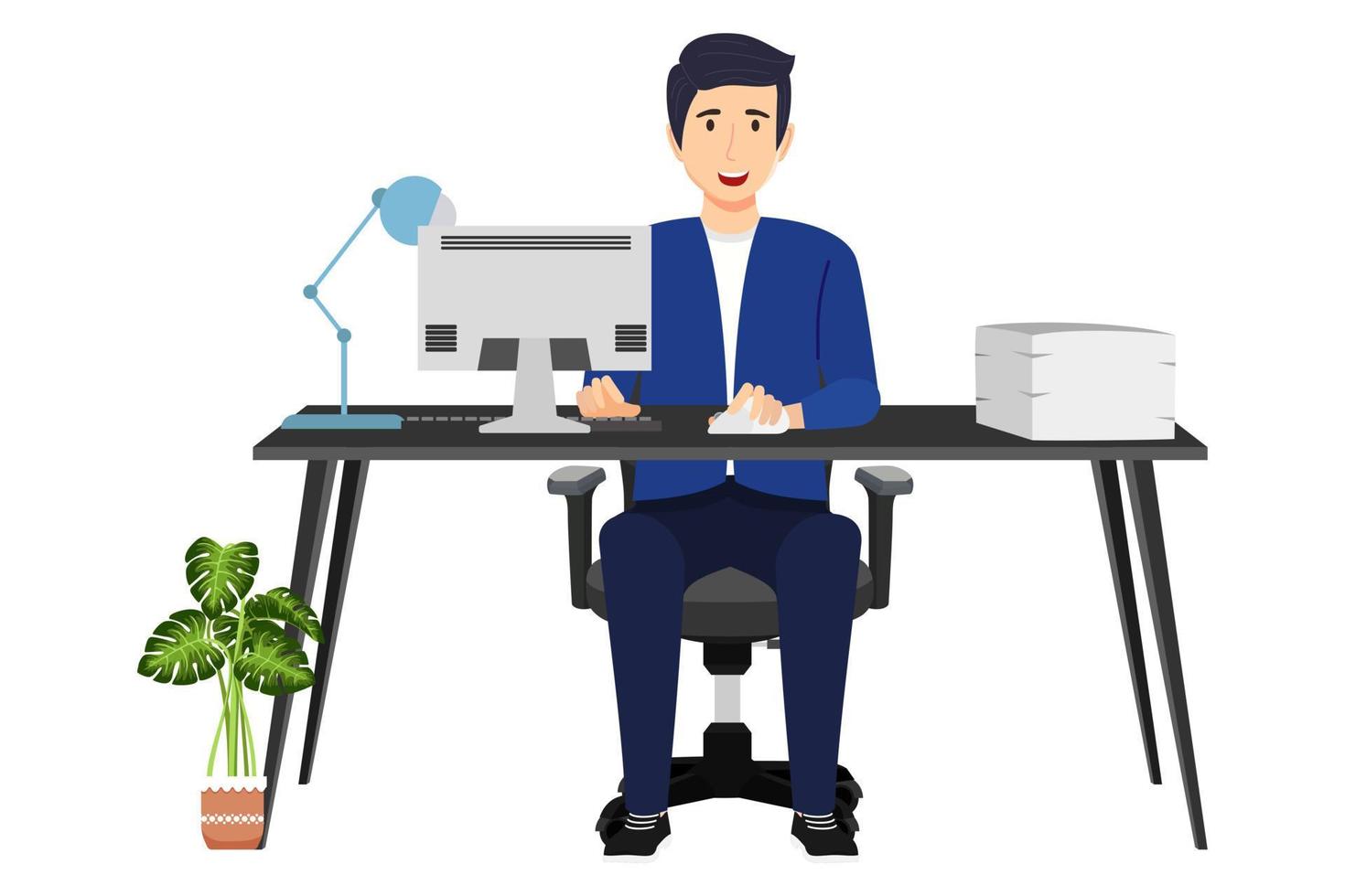 lindo hombre de negocios autónomo personaje ubicado en un moderno escritorio de oficina en casa con mesa, silla, lámpara de mesa, computadora de pc con pila de papel, carpetas de archivos con plantas de interior vector