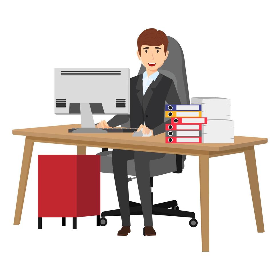 Cute businessman freelancer character siting on modern home office desk with table chair with some paper pile file folders drawer cabinet vector