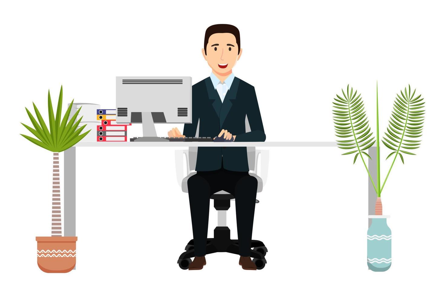 Businessman freelancer sitting on cute beautiful modern desk with office shape table  and chair pc computer with some paper pile file folders house plants with cheerful expression vector