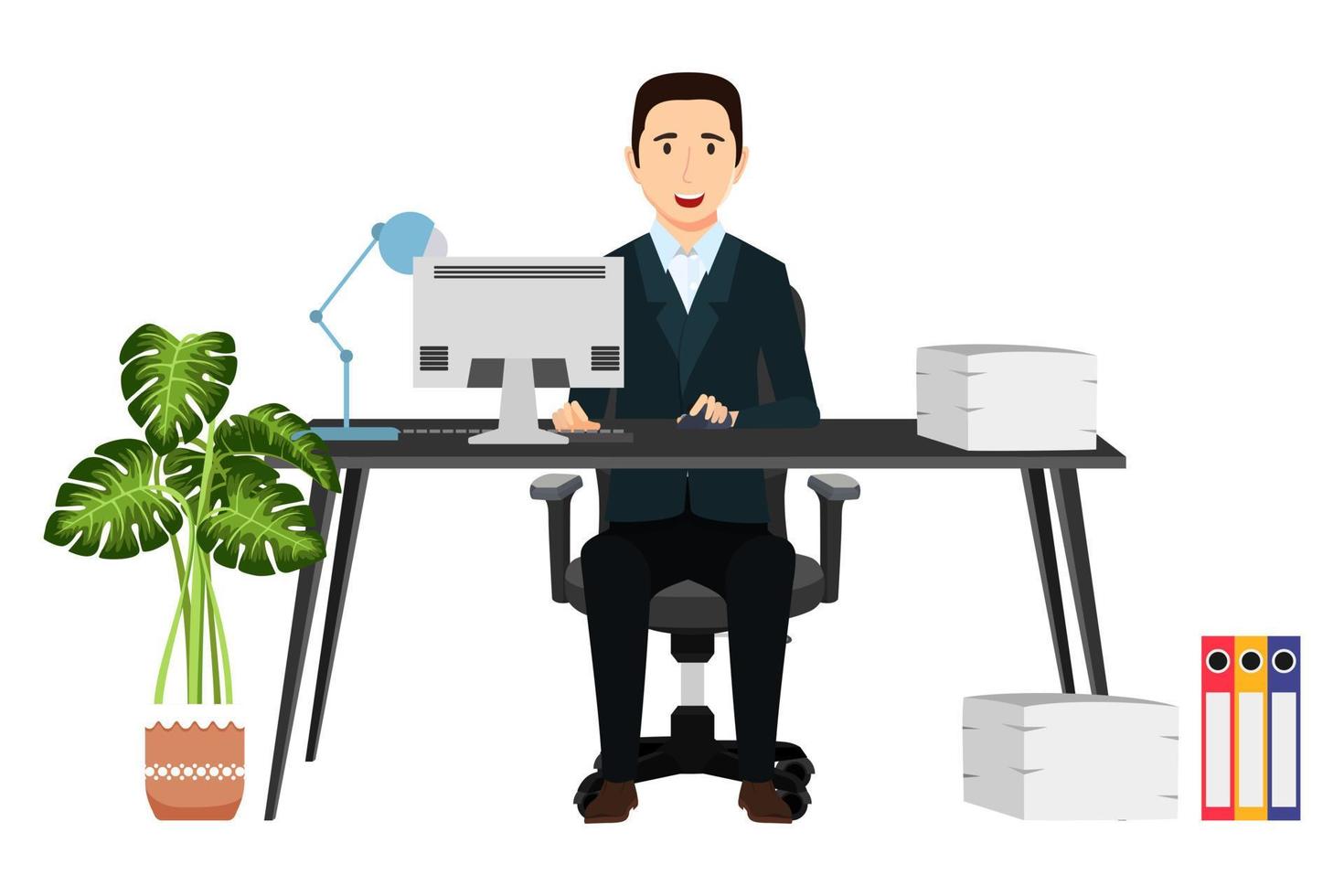 Businessman freelancer sitting on cute beautiful modern desk with office shape table  and chair table lamp pc computer with some paper pile file folders house plants with cheerful expression vector
