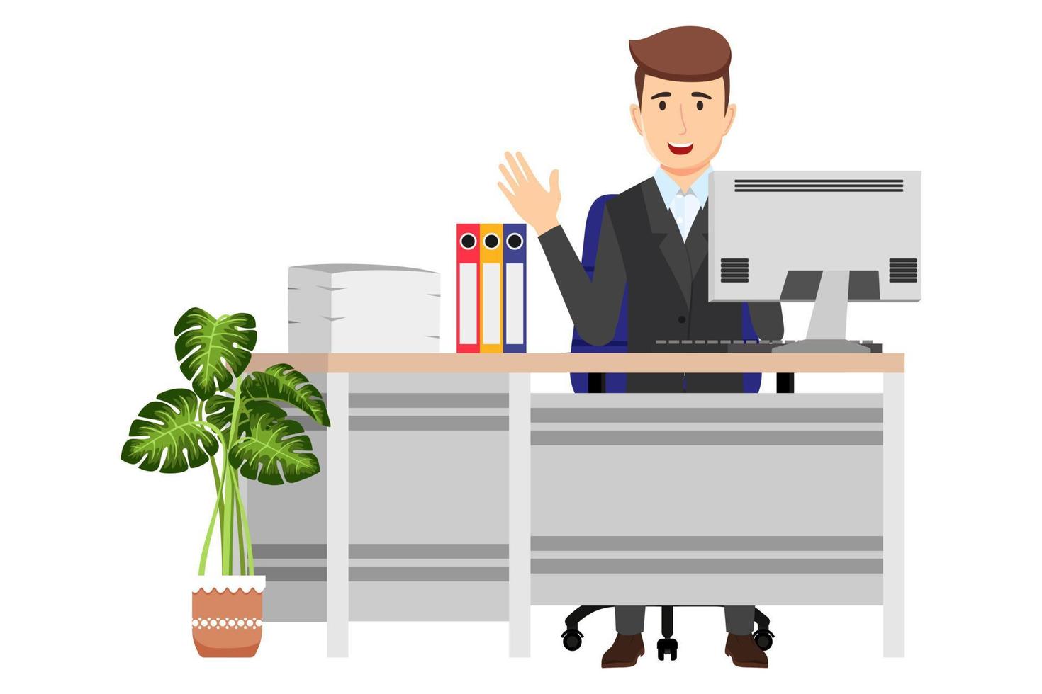 Businessman freelancer sitting on cute beautiful modern desk with office shape table  and chair pc computer with some paper pile file folders house plants vector