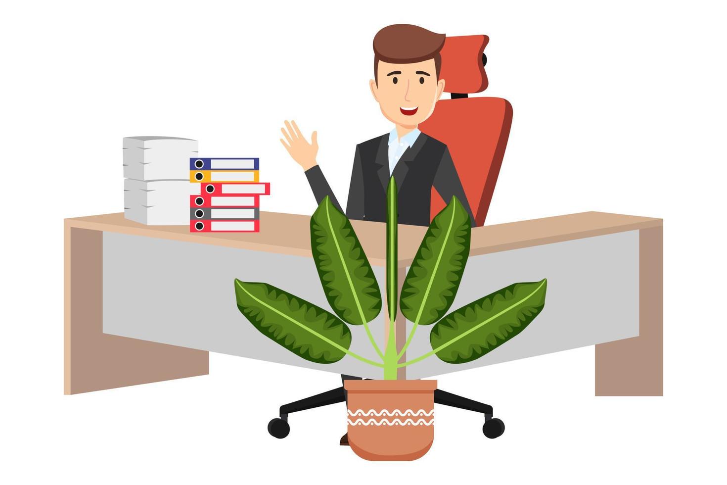 Businessman freelancer sitting on cute beautiful modern desk with L shape table  and office chair with some paper pile file folders house plants and waving vector