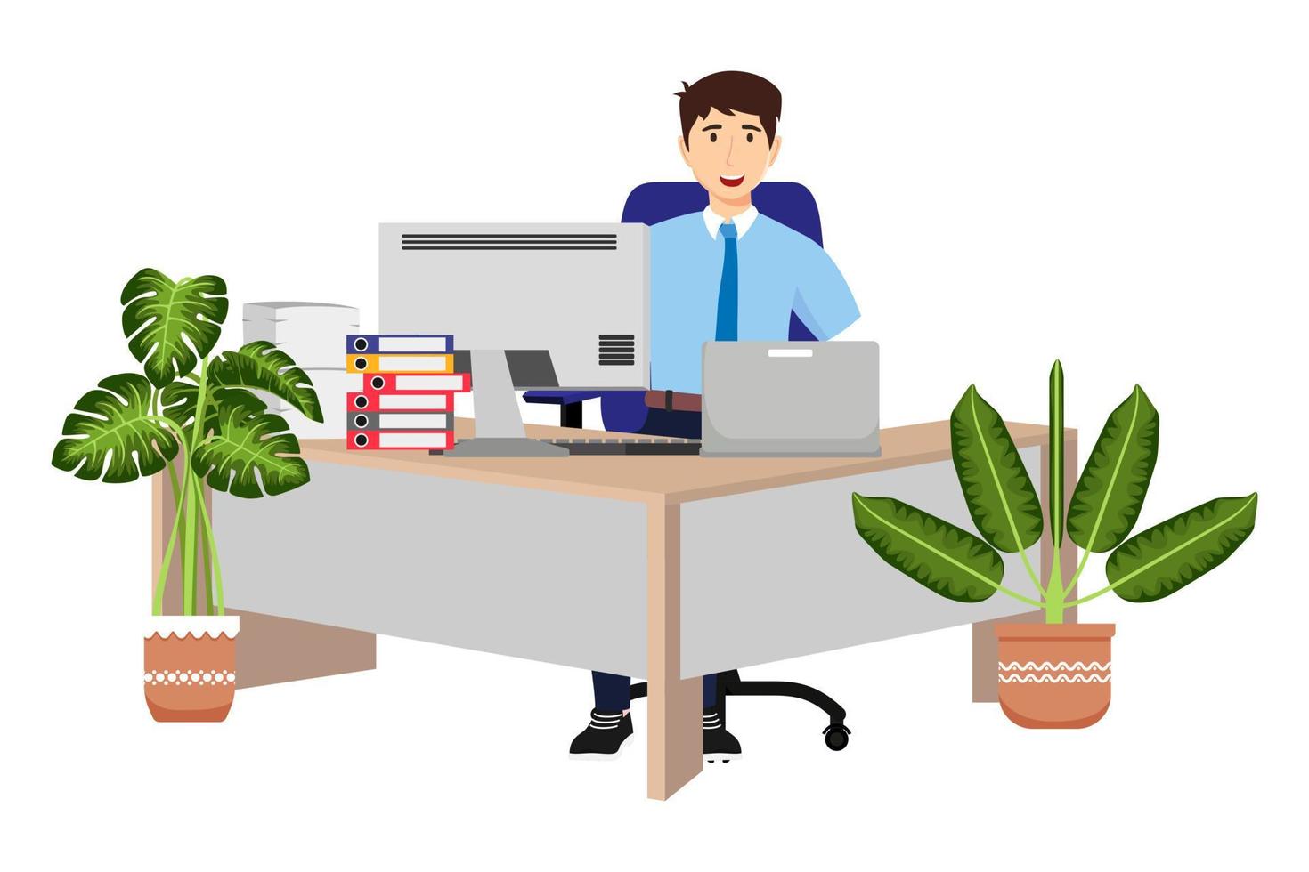 Businessman freelancer sitting on cute beautiful modern desk with L shape table  and office chair pc computer with some paper pile file folders house plants vector