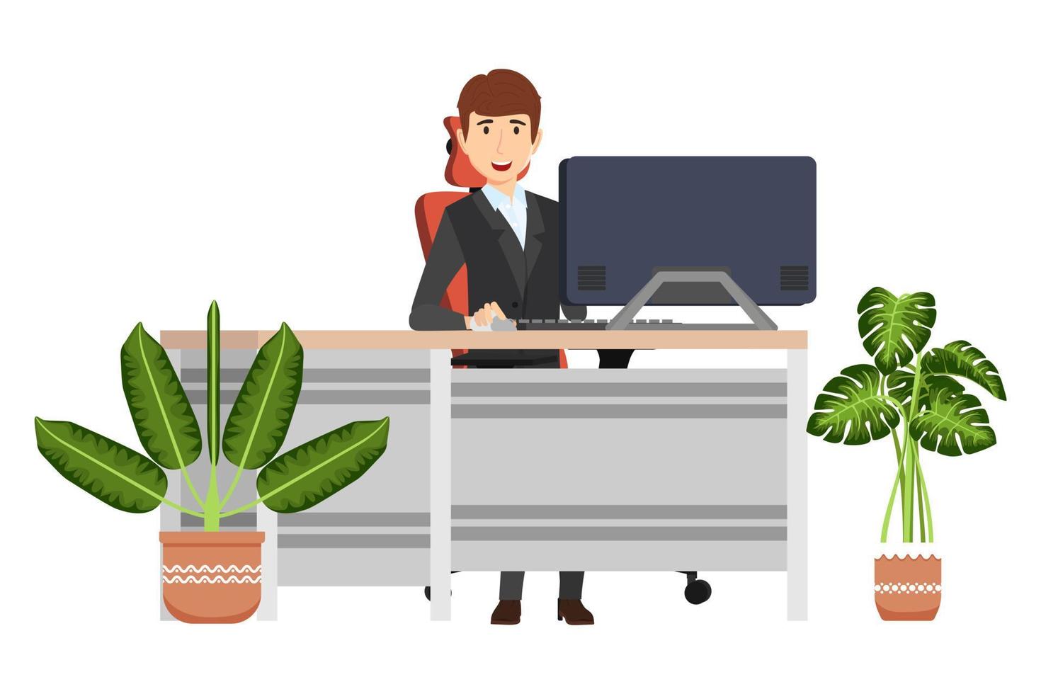 Businessman freelancer sitting on cute beautiful modern desk with office shape table  and chair pc computer with house plants vector